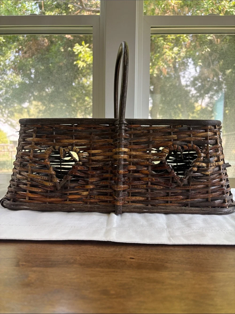 Vintage Woven Wicker Basket with Heart Cutouts 17”x9.5” Cottagecore
